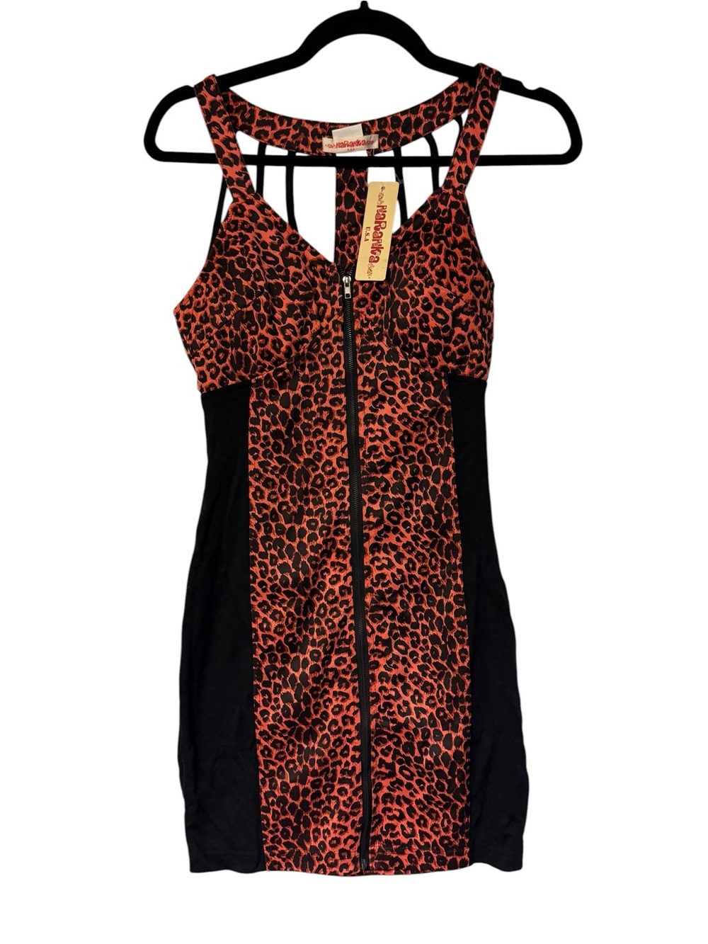 NWT NaRaNka Leopard Print Bodycon Mini Dress Zip Front Strappy Back